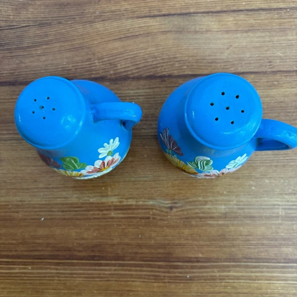 Vintage Ransburg Pottery Blue Floral Hand Painted Salt Pepper Shakers MCM